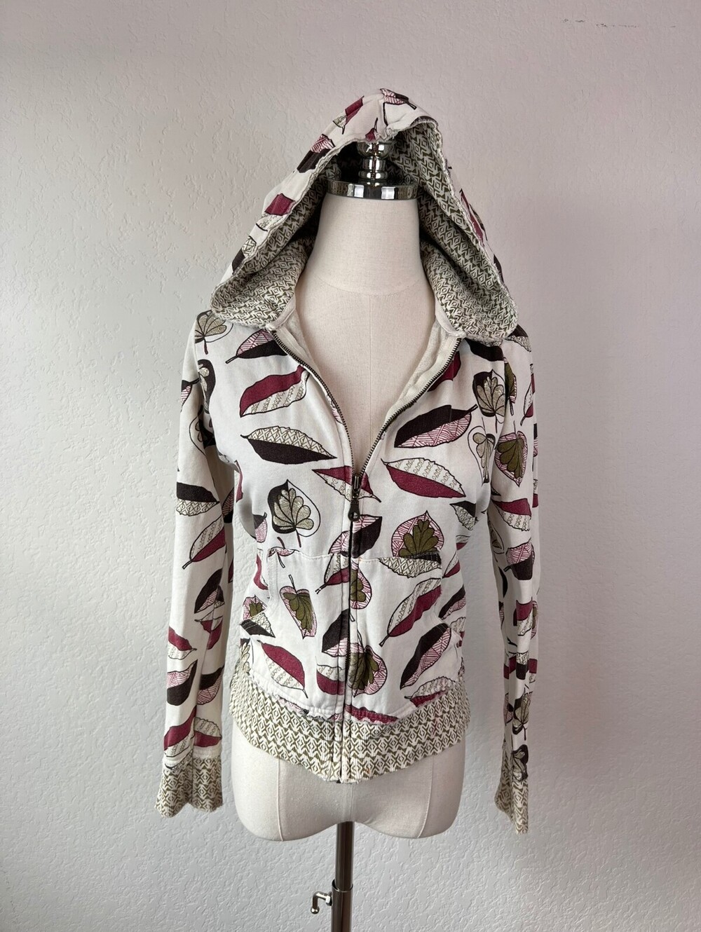 Vintage Y2K White Feather Print Zip Up Hoodie Jacket size Medium Boho